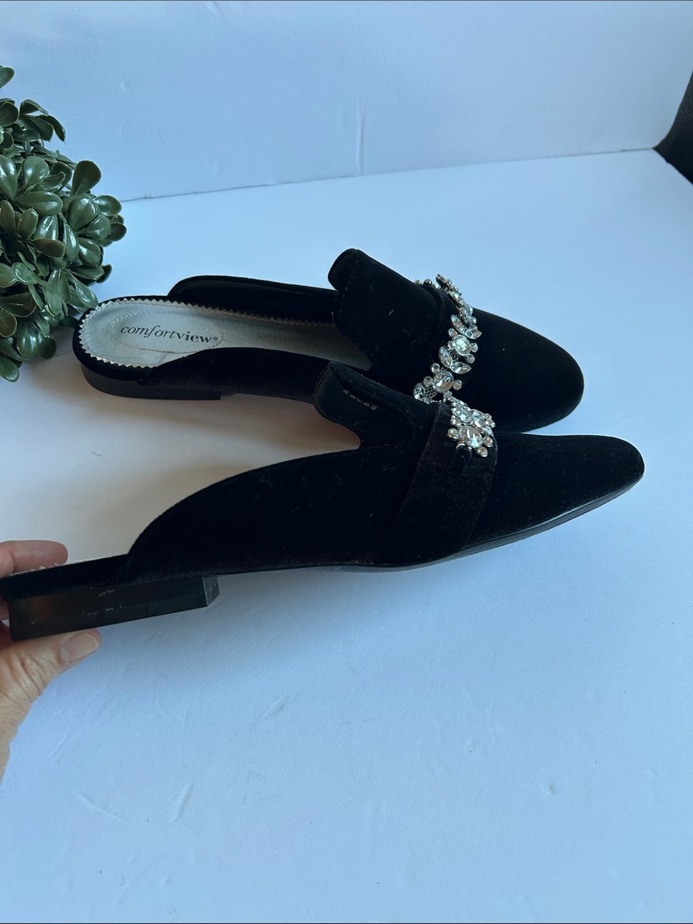 comfortview Black Velvet Slip-On Mules with Crystal Band - Picture 3 of 8